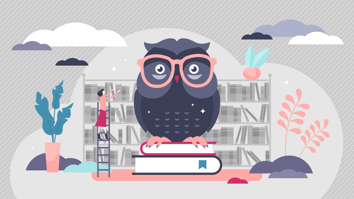 A drawing of a grey owl standing on a pile of books in a library