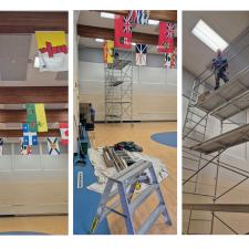 Three side-by-side images showing scaffolding in a gymnasium and installation of acoustic tiles on the ceiling.