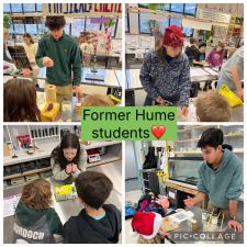 Four images of teen and elementary students together in a science lab