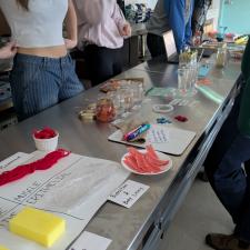 A group of teen girls standing at a long table displaying Biology experiments and projects